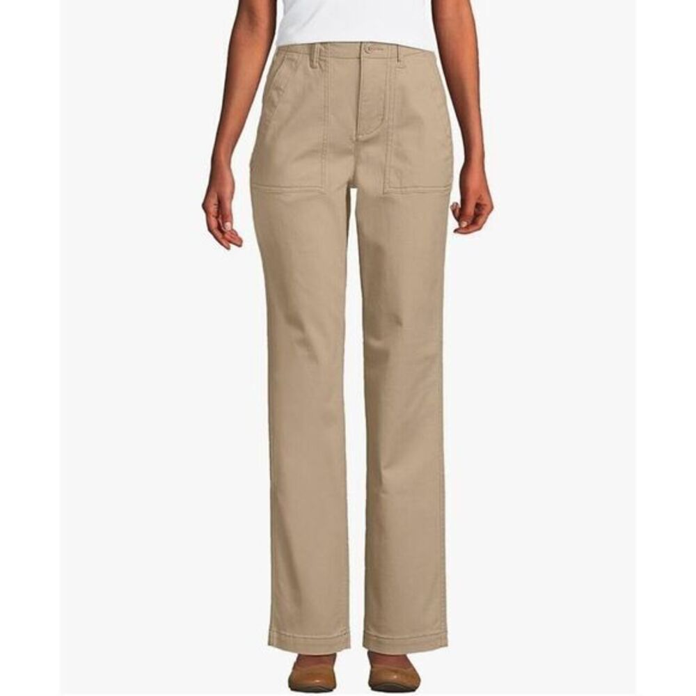 Lands End Utility Pants Womens 12P Tan High Rise Straight Leg Deep Pockets